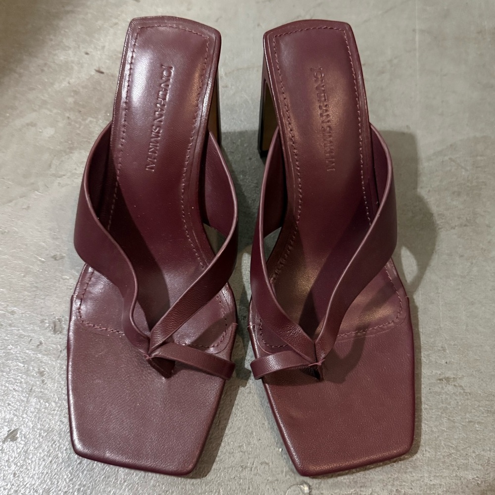 JONATHON SIMKHAI’S EVANGELINE LEATHER SANDAL HEELS, SIZE US 38 (US 8), MAROON